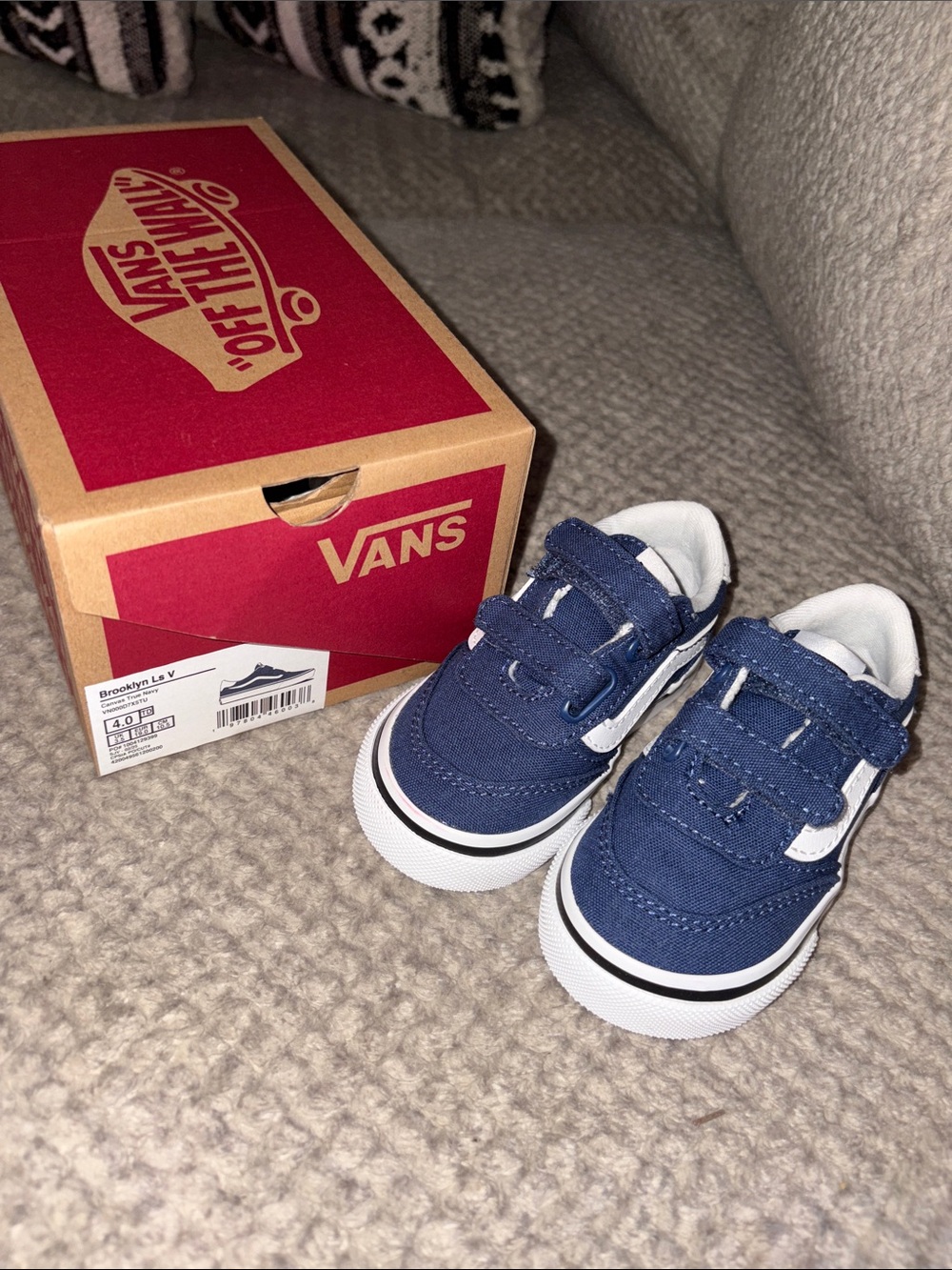 Vans Navy and White Kids Velcro Slip-On Sneakers
